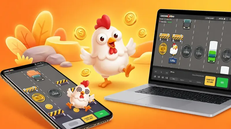 Chicken Road 2 op een smartphone en een laptop naast elkaar, met de kip ervoor